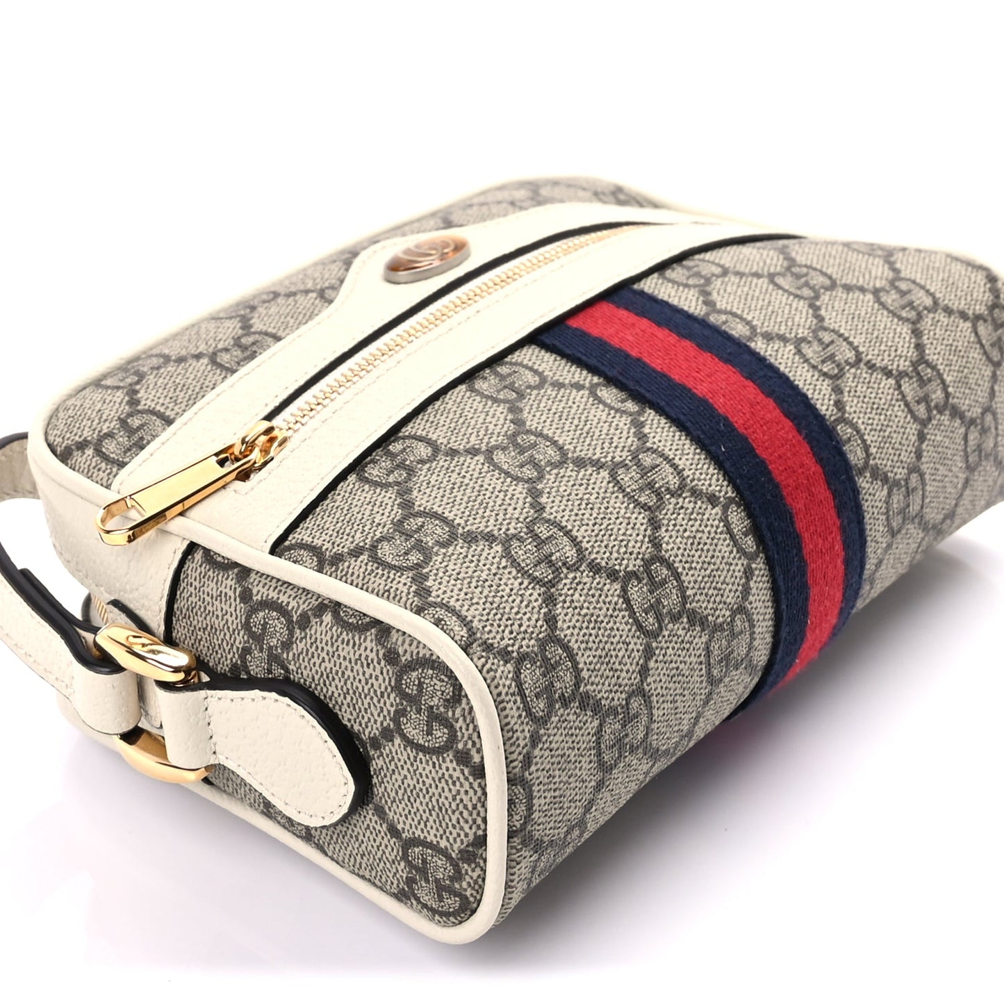 Gucci GG Supreme Monogram Textured Calfskin Web Mini Ophidia Shoulder Bag Beige Ebony Mystic White