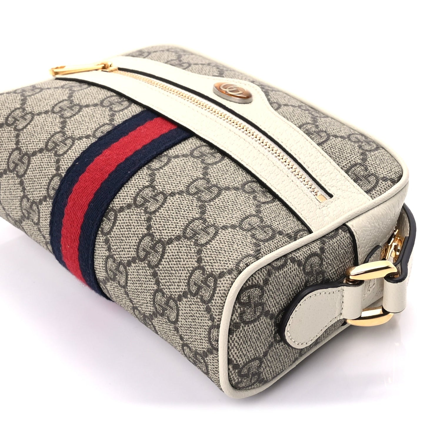 Gucci GG Supreme Monogram Textured Calfskin Web Mini Ophidia Shoulder Bag Beige Ebony Mystic White