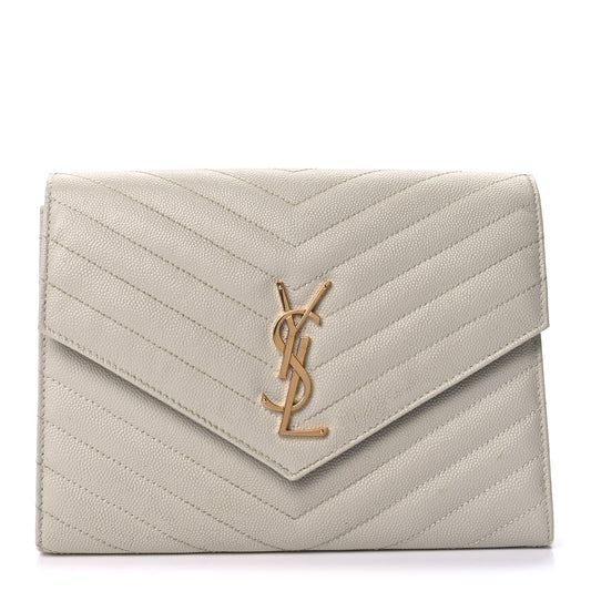 Saint Laurent Grain De Poudre Matelasse Chevron Monogram Envelope Clutch  Blanc Vintage