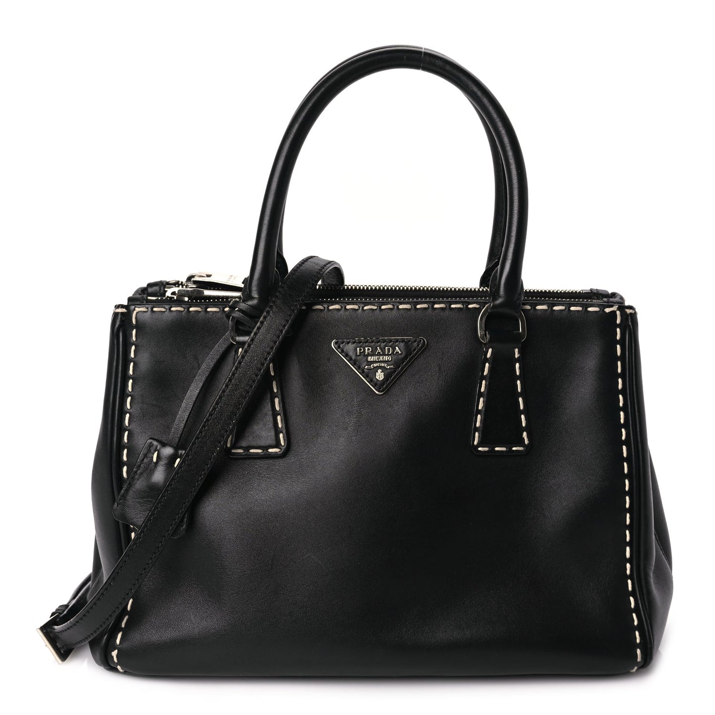 Prada  City Calf Small Hand Stitched Galleria Double Zip Tote Black White