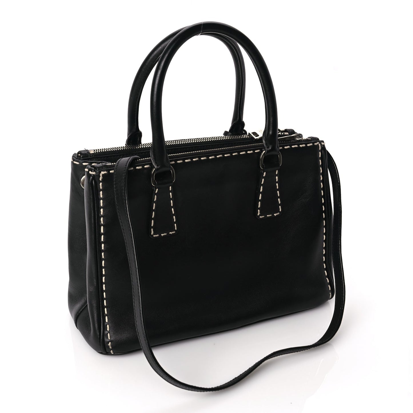Prada  City Calf Small Hand Stitched Galleria Double Zip Tote Black White