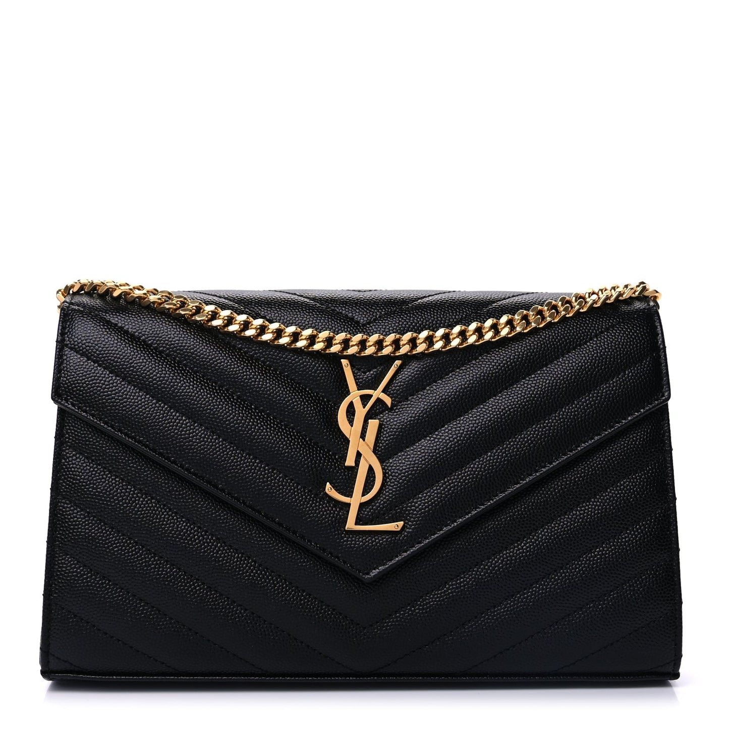 Saint Laurent Grain De Poudre Matelasse Chevron Cassandre Chain Wallet Black