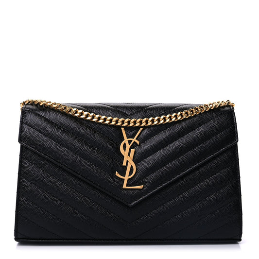 Saint Laurent Grain De Poudre Matelasse Chevron Cassandre Chain Wallet Black