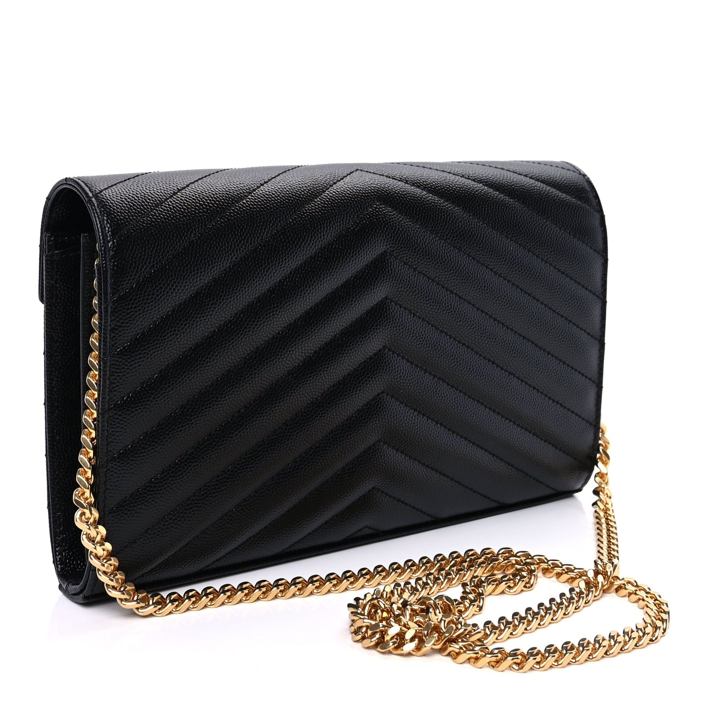 Saint Laurent Grain De Poudre Matelasse Chevron Cassandre Chain Wallet Black