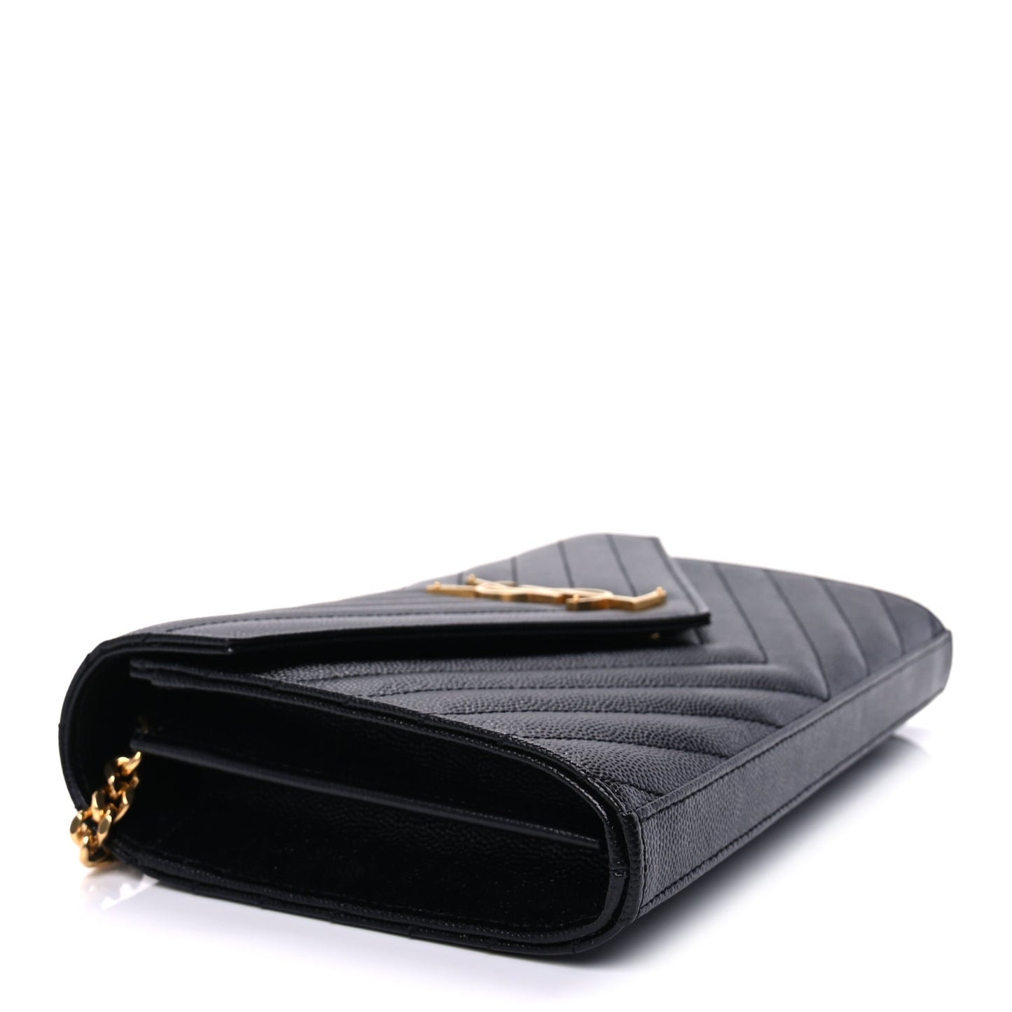 Saint Laurent Grain De Poudre Matelasse Chevron Cassandre Chain Wallet Black