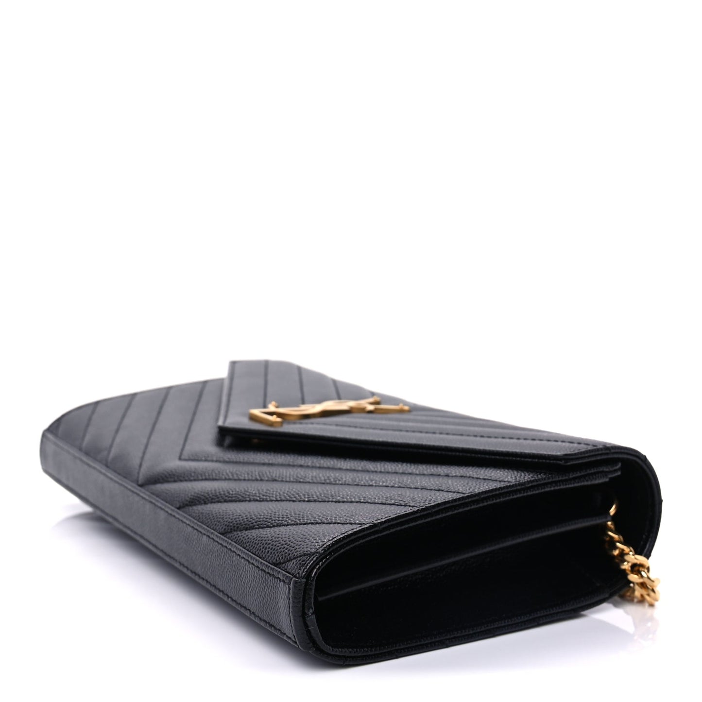 Saint Laurent Grain De Poudre Matelasse Chevron Cassandre Chain Wallet Black