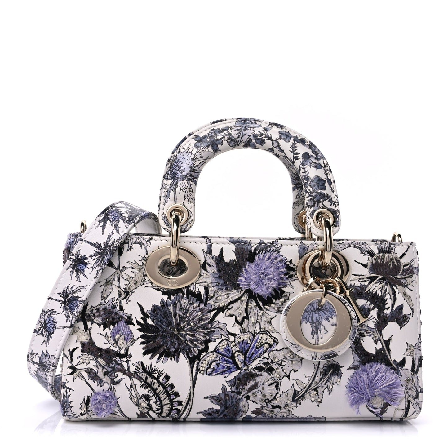 Christian Dior Calfskin Embroidered Floral Butterfly Small Lady D-Joy White Multicolor
