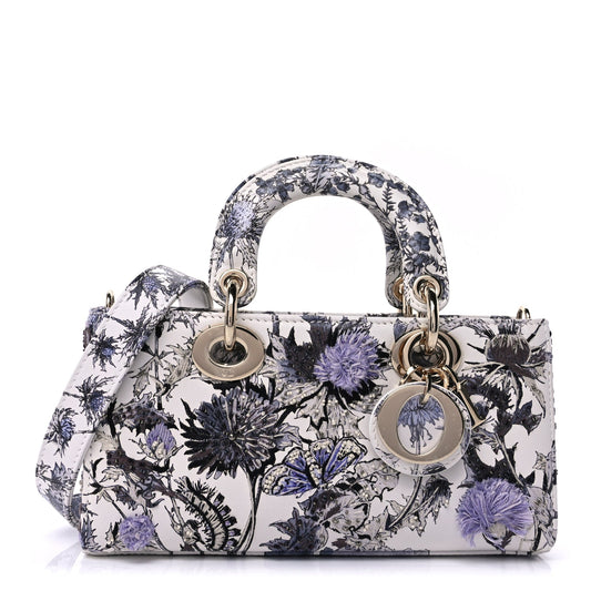 Christian Dior Calfskin Embroidered Floral Butterfly Small Lady D-Joy White Multicolor