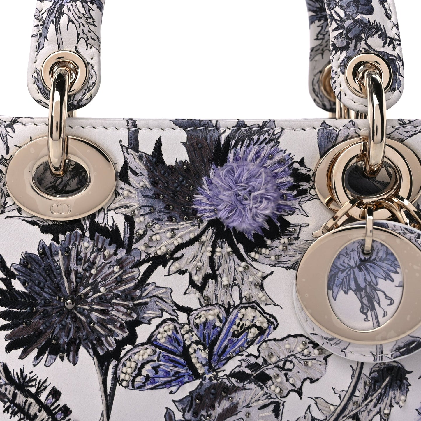 Christian Dior Calfskin Embroidered Floral Butterfly Small Lady D-Joy White Multicolor