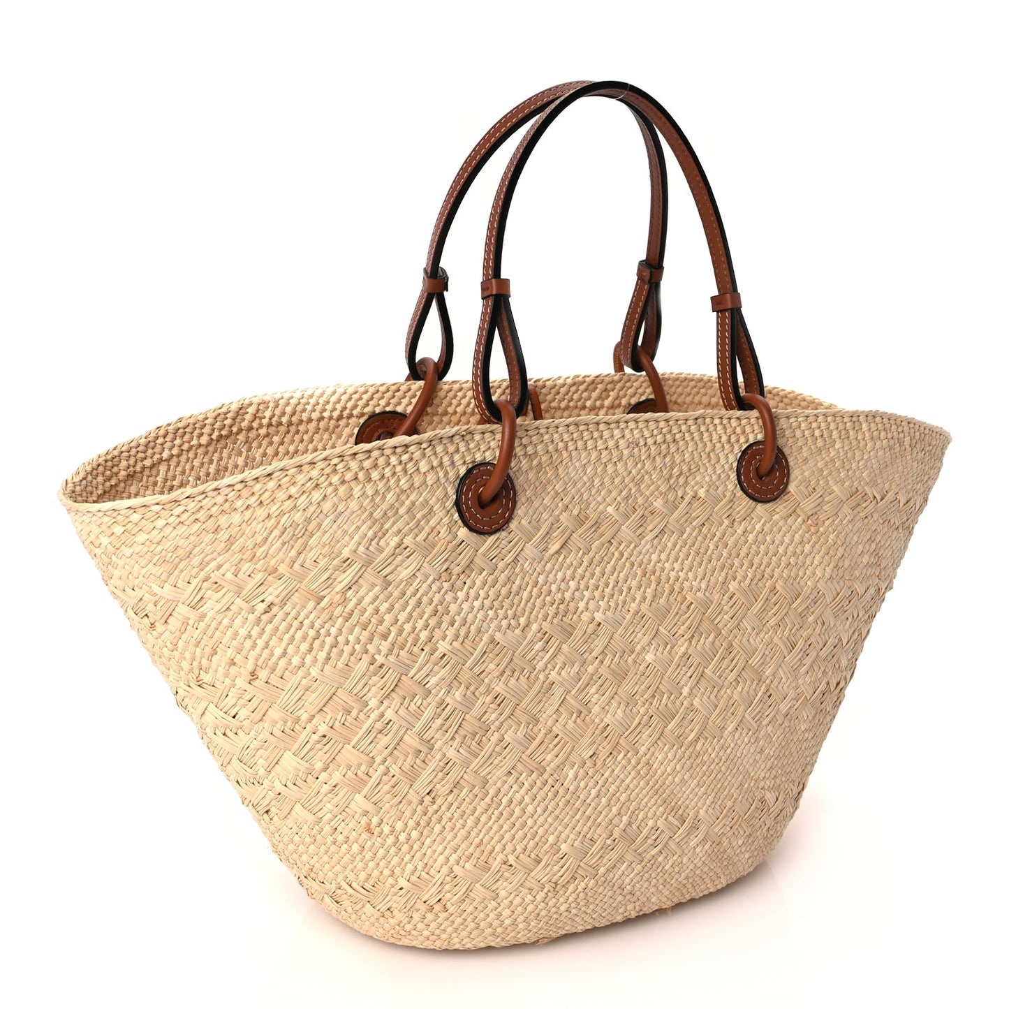 Loewe Calfskin Raffia Paulas Ibiza Medium Anagram Basket Tote Bag Natural Tan