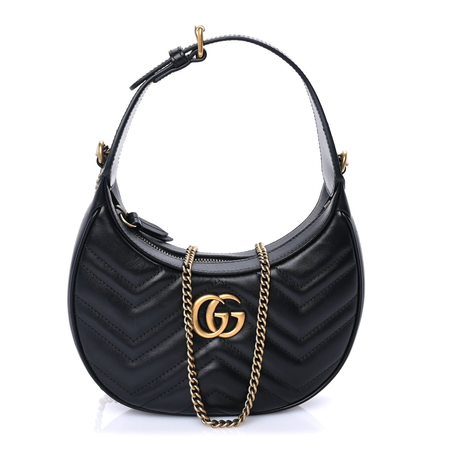 Gucci Calfskin Matelasse Chevron Mini GG Marmont Half Moon Hobo  Black