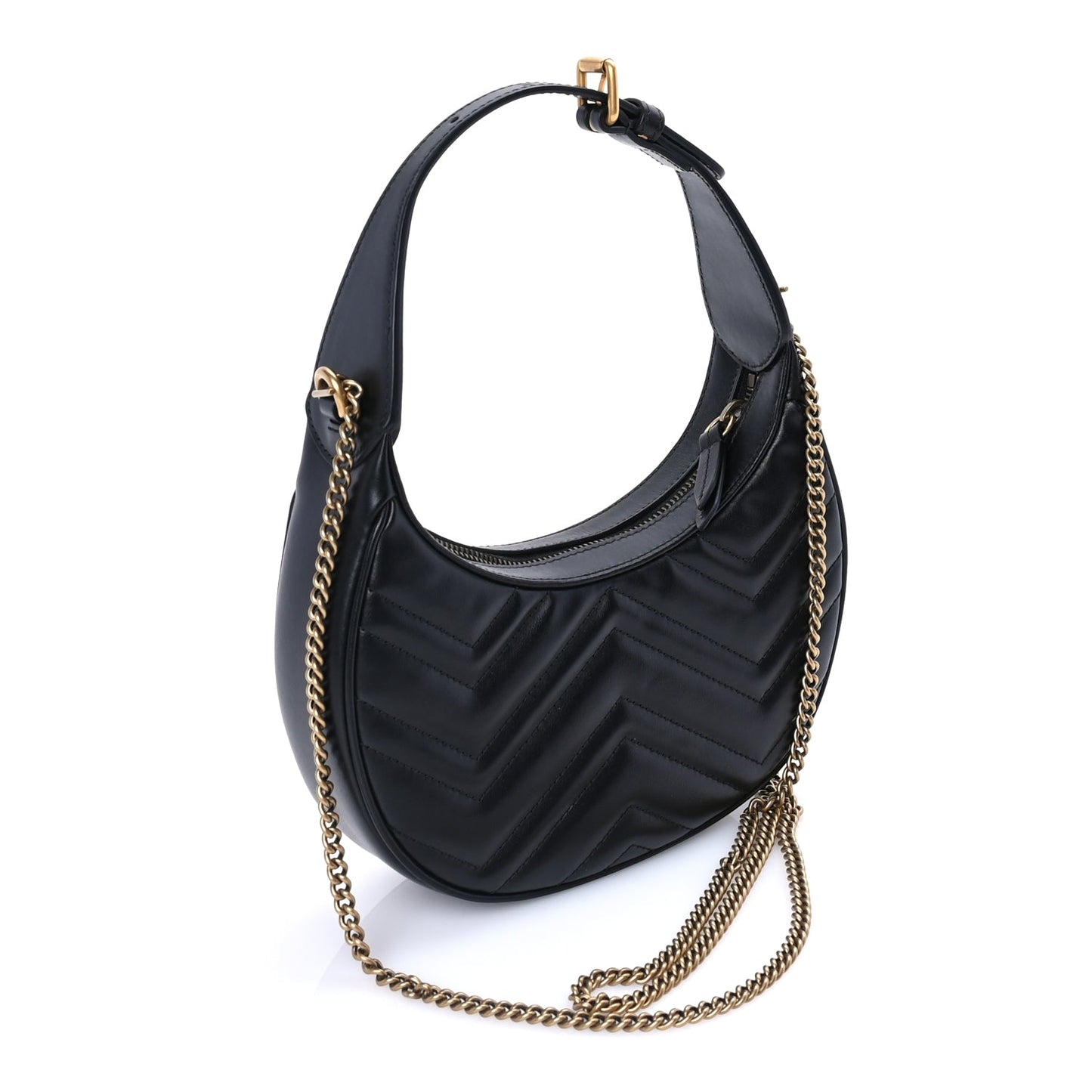 Gucci Calfskin Matelasse Chevron Mini GG Marmont Half Moon Hobo  Black