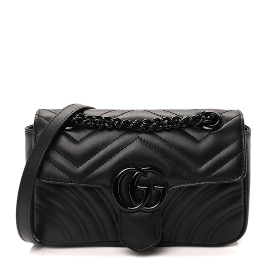 Gucci Calfskin Matelasse Monochrome Mini GG Marmont Shoulder Bag Black