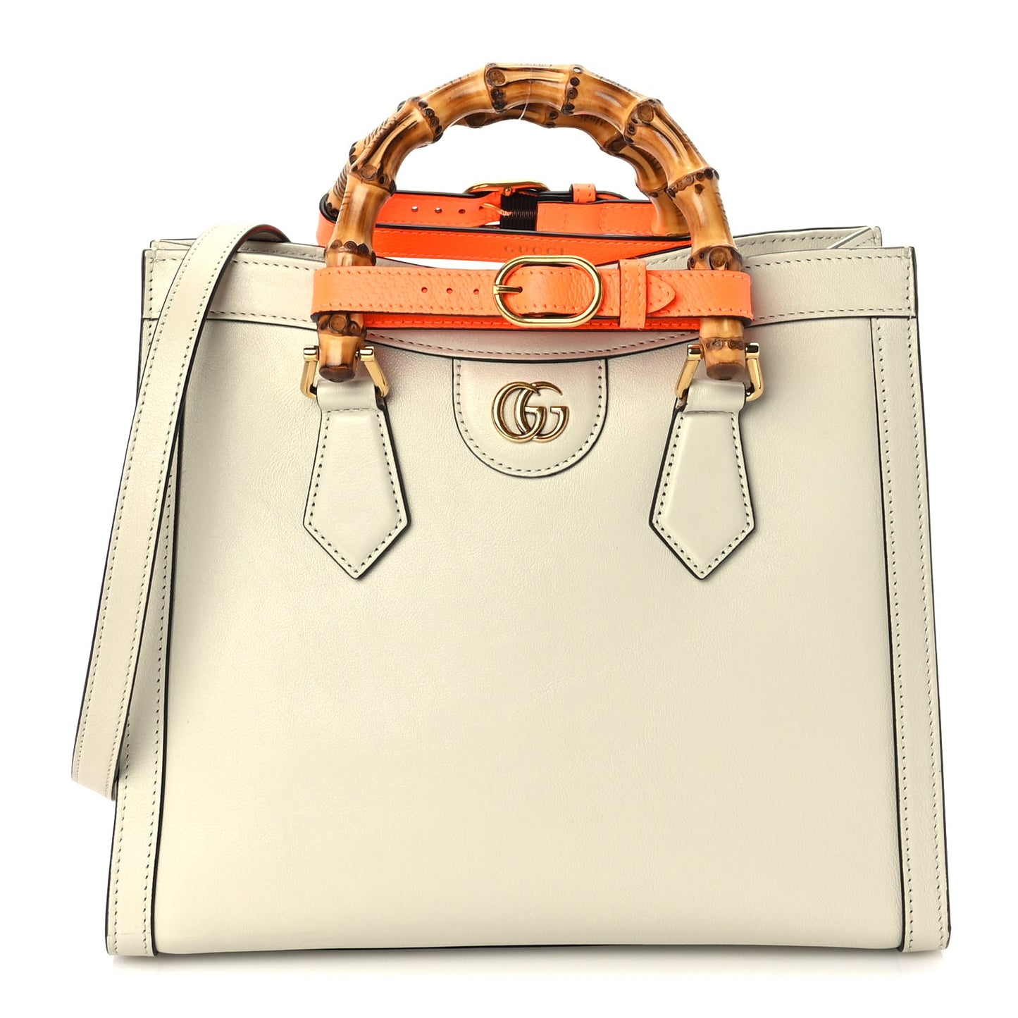 Gucci Wonka Grain Calfskin Medium Diana Tote Bag Mystic White Orange Fluo