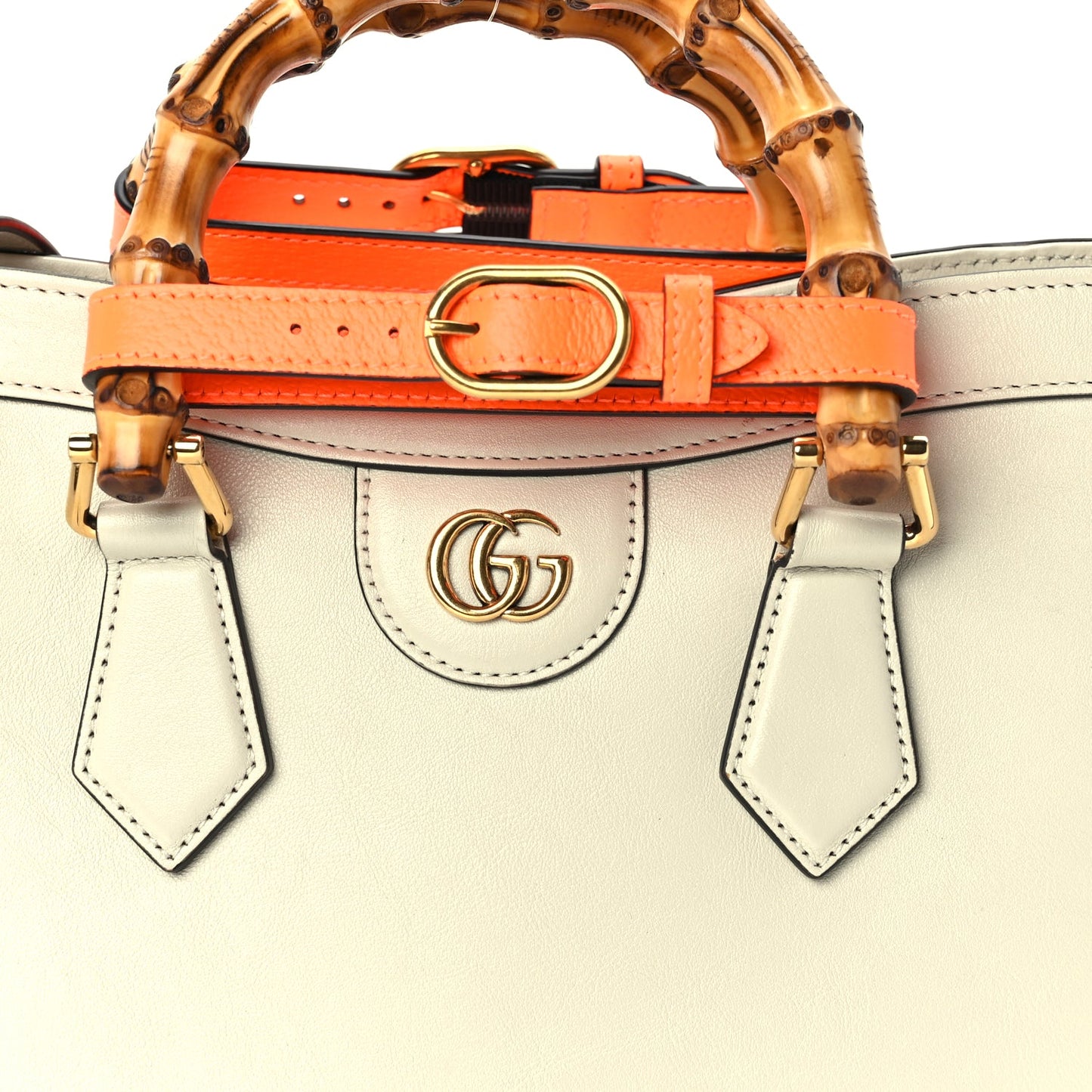 Gucci Wonka Grain Calfskin Medium Diana Tote Bag Mystic White Orange Fluo