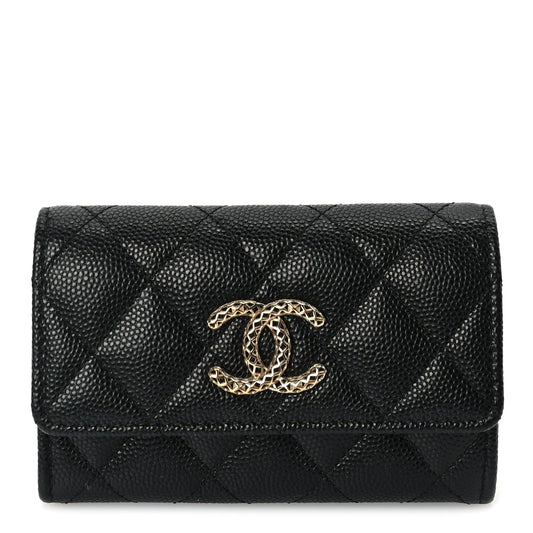 Chanel CHANEL Caviar Metal Perforated Quilted CC Flap Card Holder Black