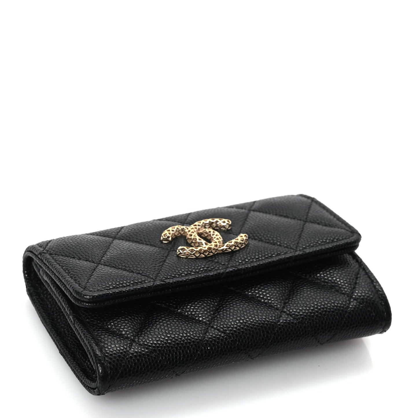Chanel CHANEL Caviar Metal Perforated Quilted CC Flap Card Holder Black