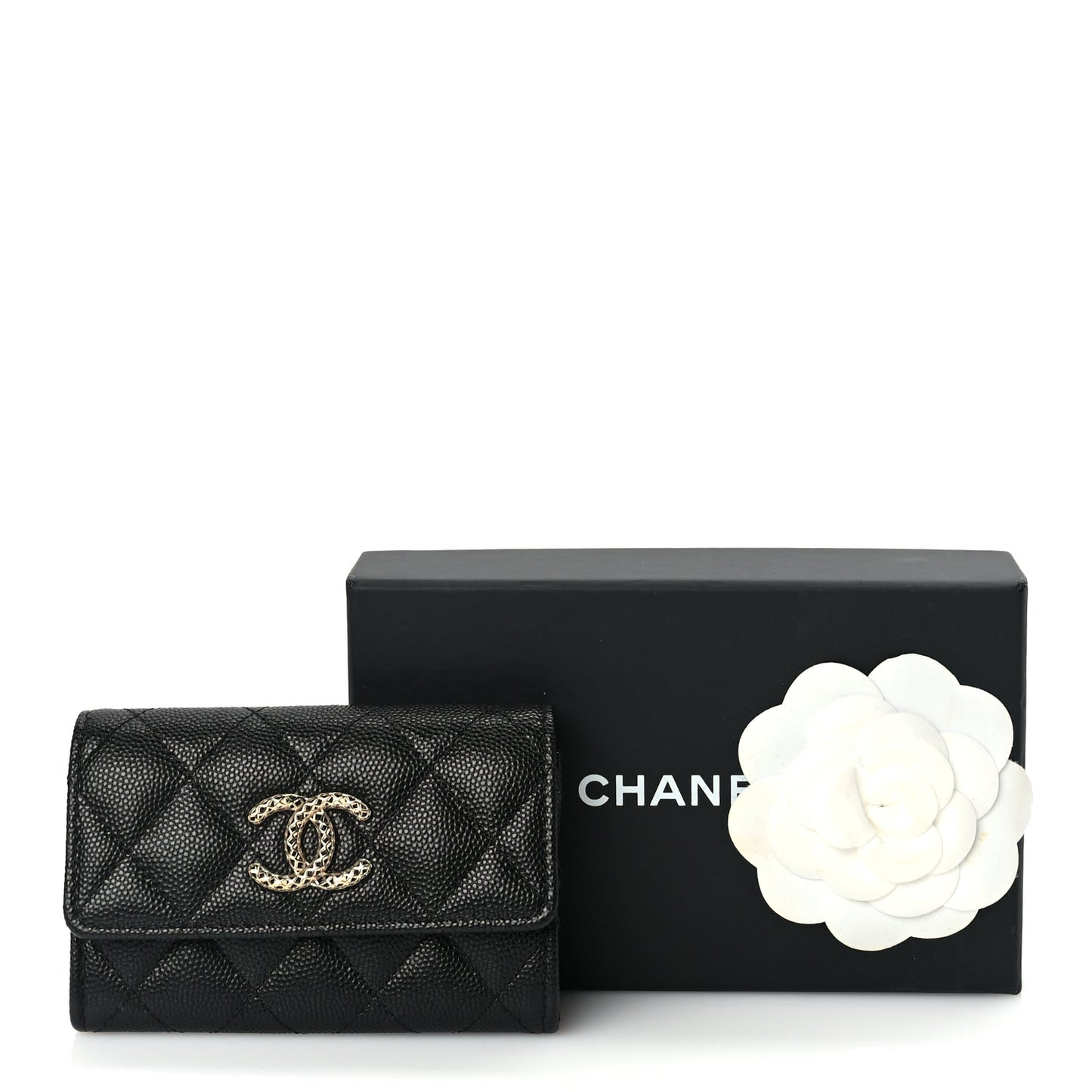 Chanel CHANEL Caviar Metal Perforated Quilted CC Flap Card Holder Black