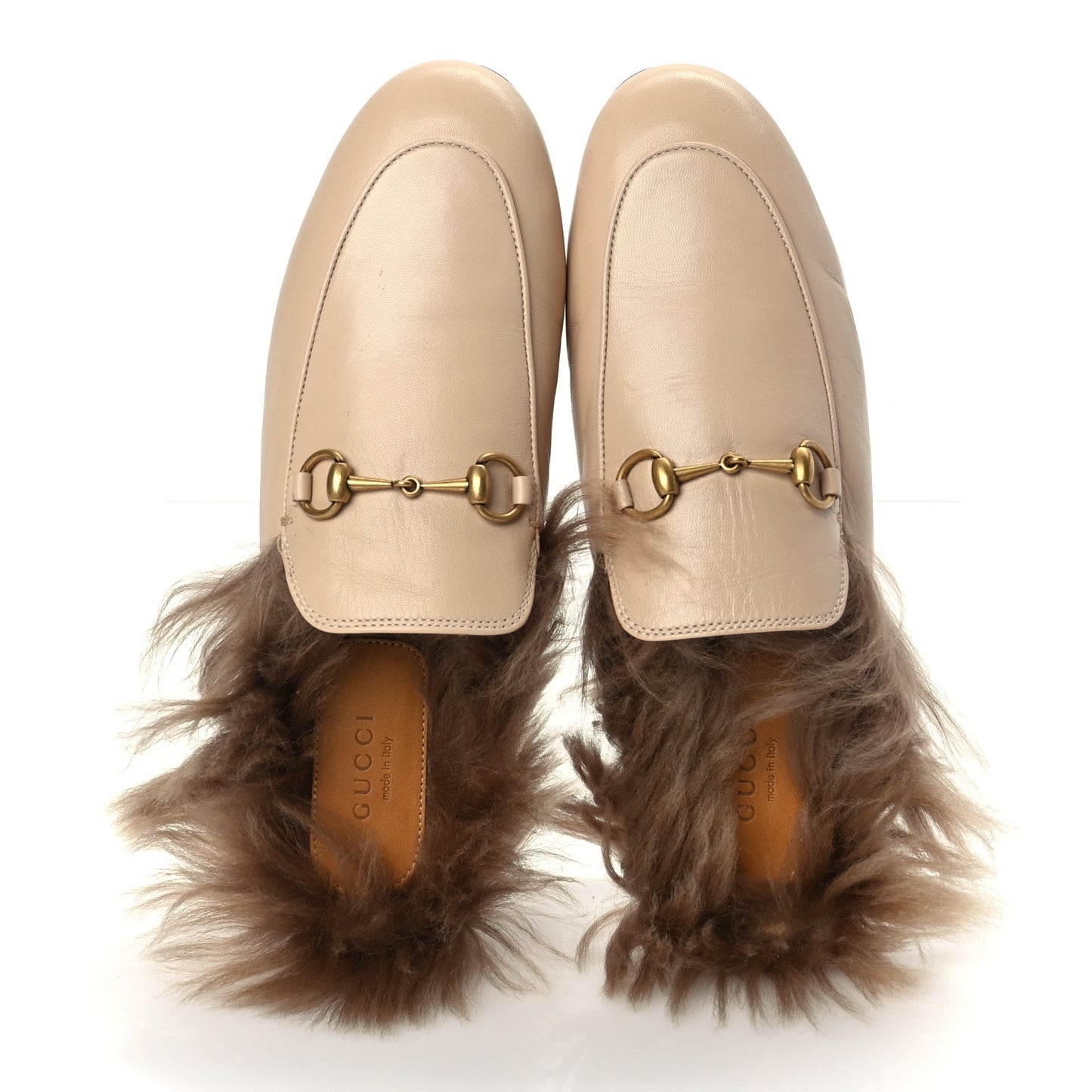 Gucci Calfskin Fur Womens Princetown Slippers 38 Beige