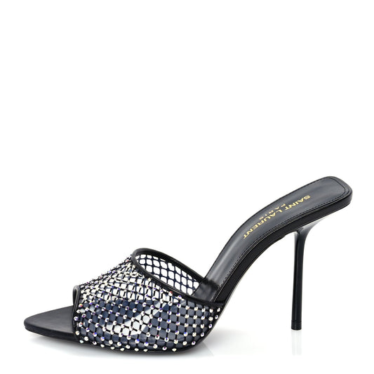 Saint Laurent Mesh Strass Giqua 95 Mule Sandals 38.5 Black