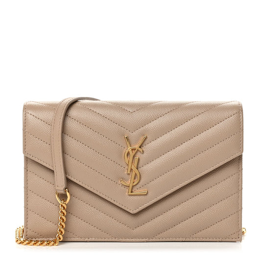 Saint Laurent Grain De Poudre Matelasse Chevron Monogram Envelope Chain Wallet Dark Beige