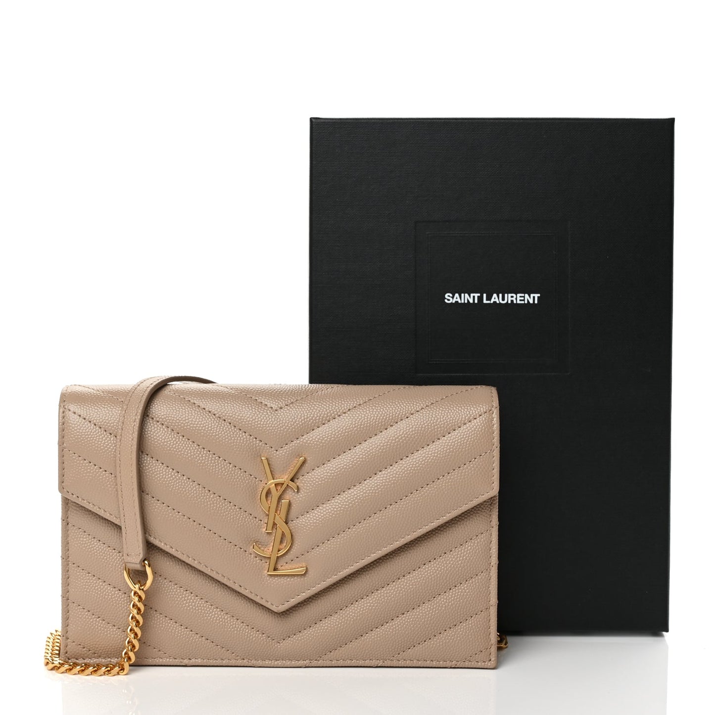 Saint Laurent Grain De Poudre Matelasse Chevron Monogram Envelope Chain Wallet Dark Beige