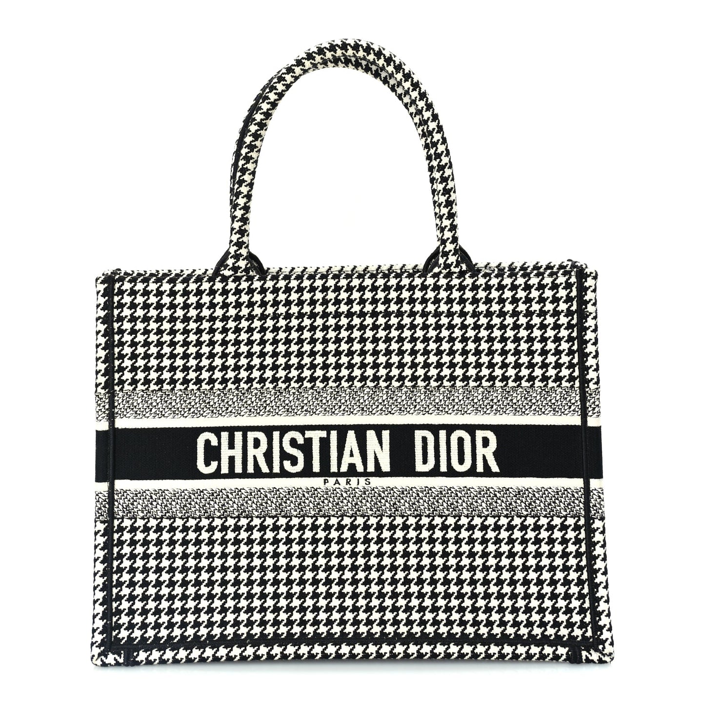 Christian Dior Canvas Houndstooth Embroidered Medium Book Tote  Black White