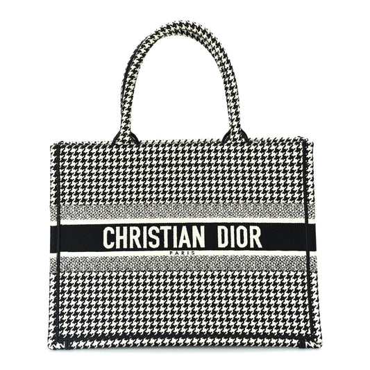 Christian Dior Canvas Houndstooth Embroidered Medium Book Tote  Black White