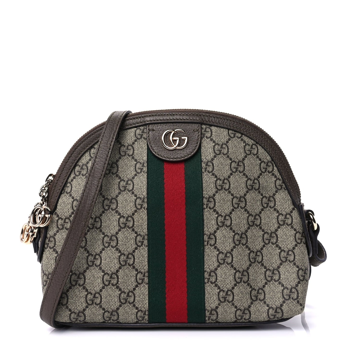 Gucci GG Supreme Monogram Textured Dollar Calfskin Web Small Ophidia Dome Shoulder Bag  Beige Ebony New Acero