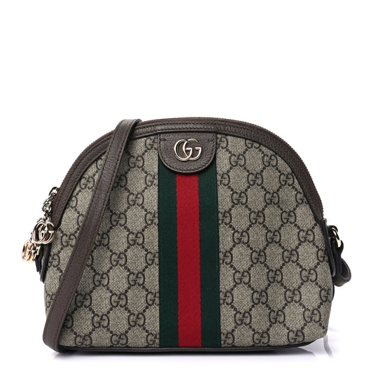 Gucci GG Supreme Monogram Textured Dollar Calfskin Web Small Ophidia Dome Shoulder Bag  Beige Ebony New Acero