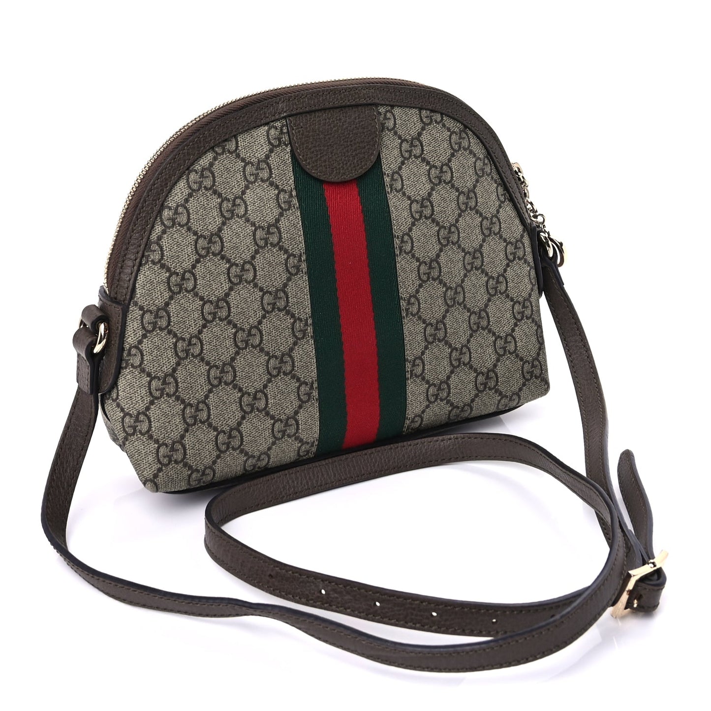 Gucci GG Supreme Monogram Textured Dollar Calfskin Web Small Ophidia Dome Shoulder Bag  Beige Ebony New Acero