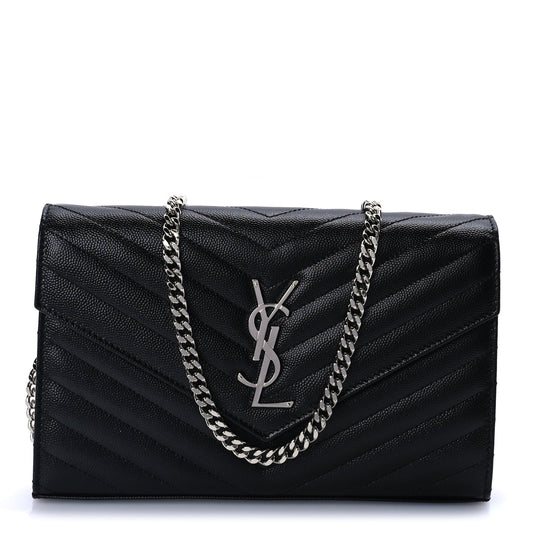Saint Laurent Grain De Poudre Matelasse Chevron Monogram Chain Wallet Black