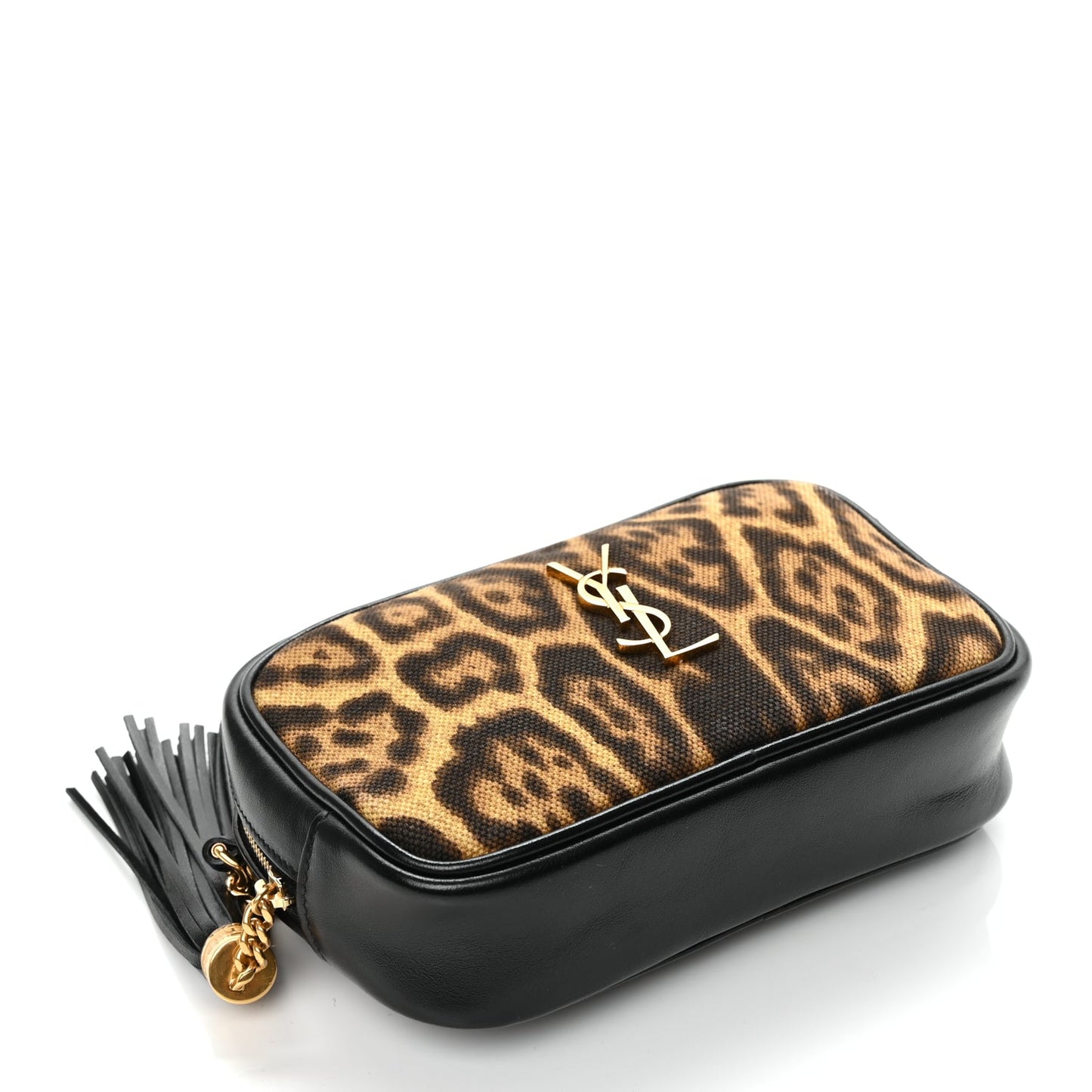 Saint Laurent Canvas Calfskin Leopard Print Monogram Mini Lou Camera Bag Brown