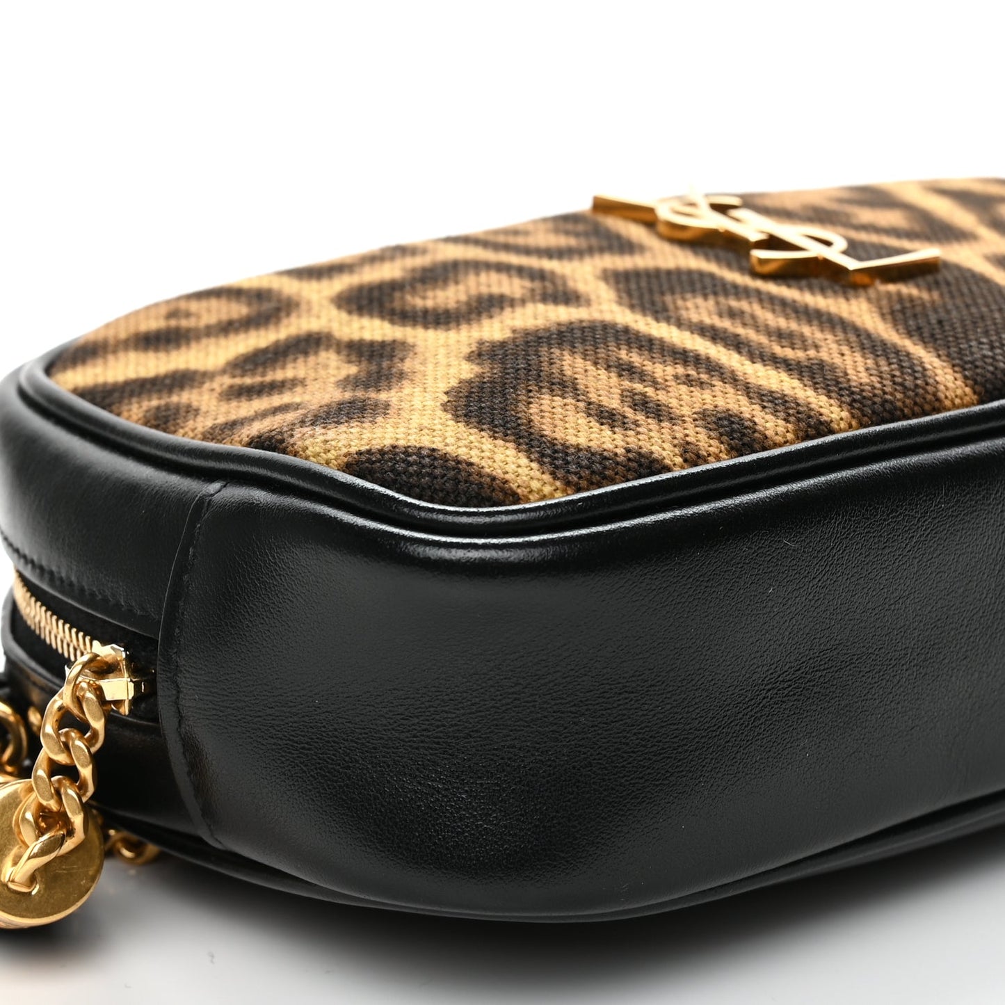 Saint Laurent Canvas Calfskin Leopard Print Monogram Mini Lou Camera Bag Brown
