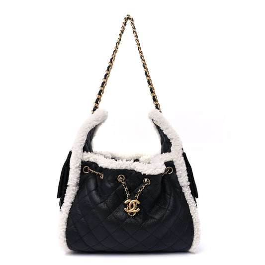 Chanel Crumpled Sheepskin Shearling Quilted Small Chanel 25 Handbag Black White