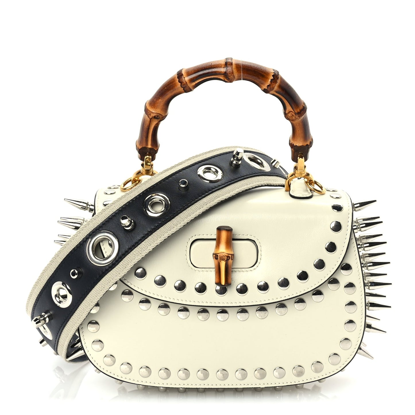 Gucci Boarded Dyana Lux Studded Calfskin Web Small Bamboo 1947 Top Handle Bag  Mystic White