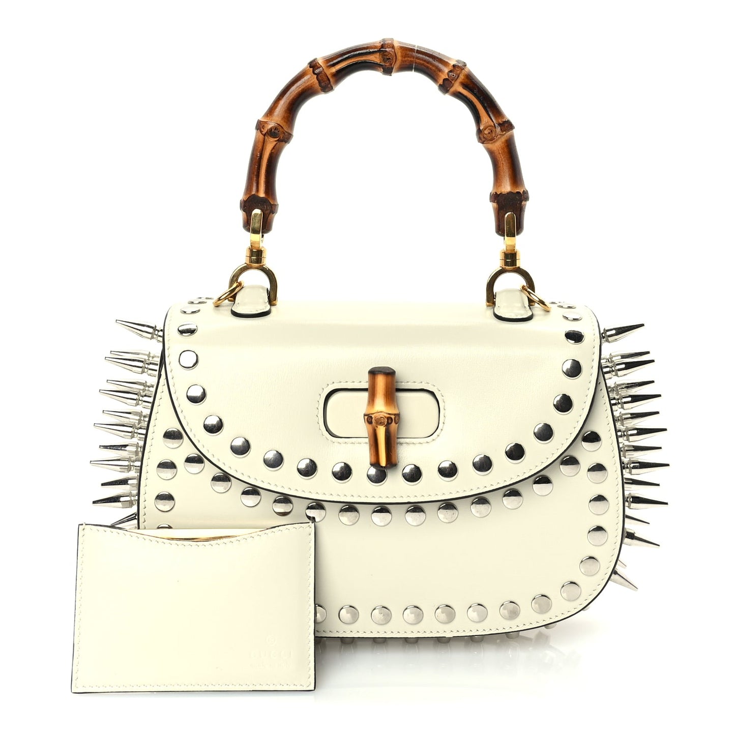 Gucci Boarded Dyana Lux Studded Calfskin Web Small Bamboo 1947 Top Handle Bag  Mystic White