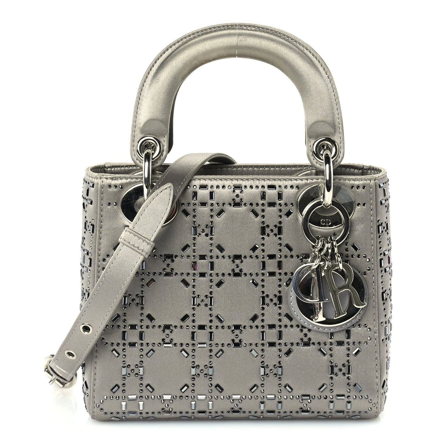 Christian Dior Satin Crystal Cannage Mini Lady Dior Grey