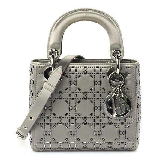 Christian Dior Satin Crystal Cannage Mini Lady Dior Grey