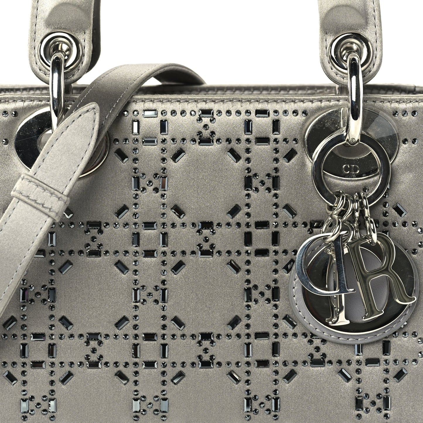 Christian Dior Satin Crystal Cannage Mini Lady Dior Grey