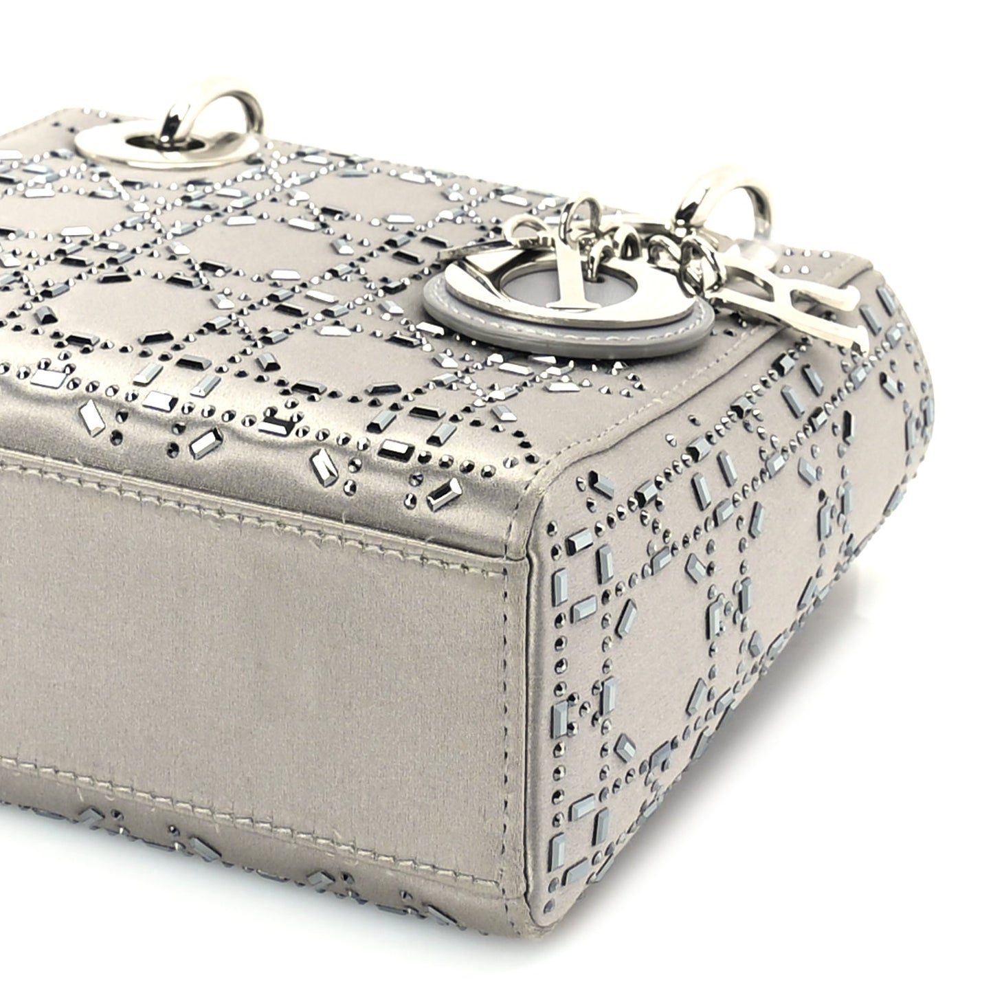 Christian Dior Satin Crystal Cannage Mini Lady Dior Grey