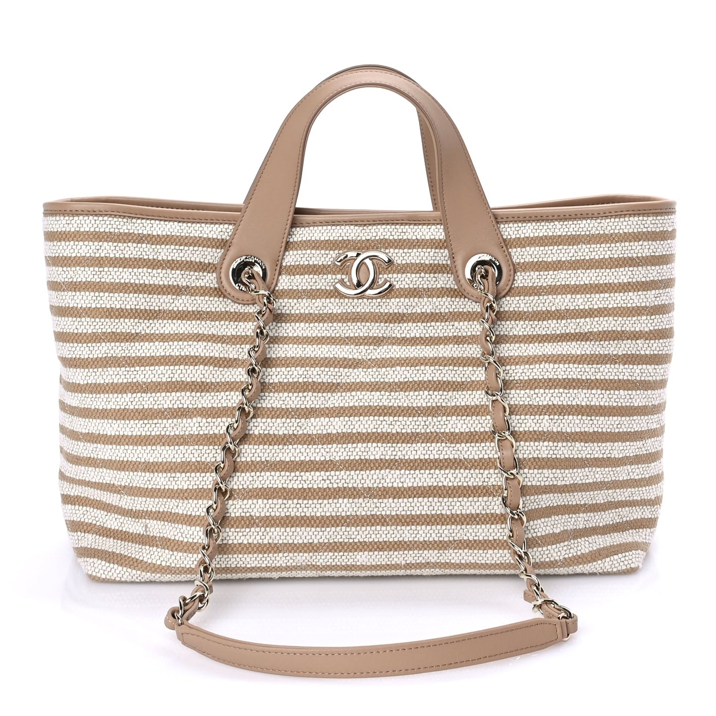 Chanel Printed Fabric Striped CC Tote Light Beige