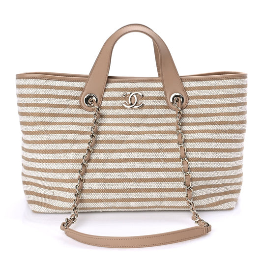 Chanel Printed Fabric Striped CC Tote Light Beige