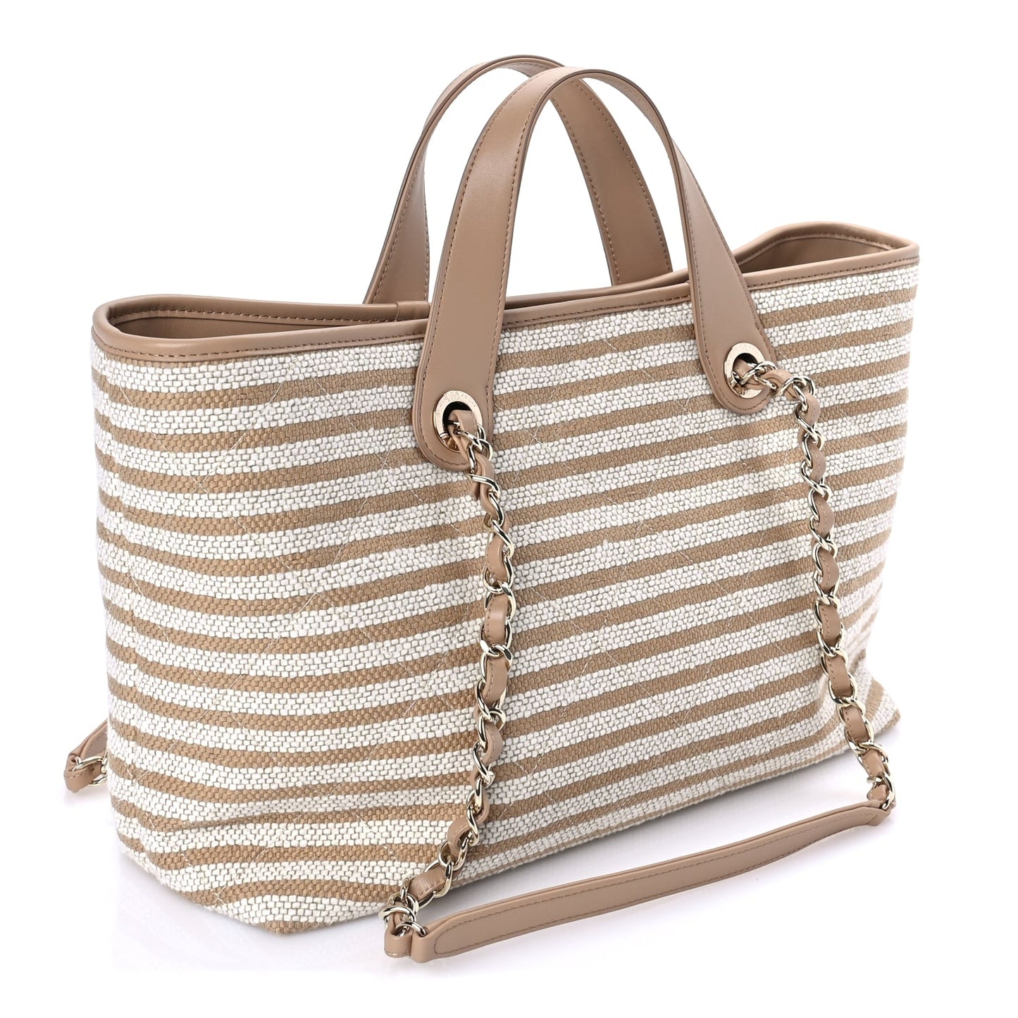 Chanel Printed Fabric Striped CC Tote Light Beige