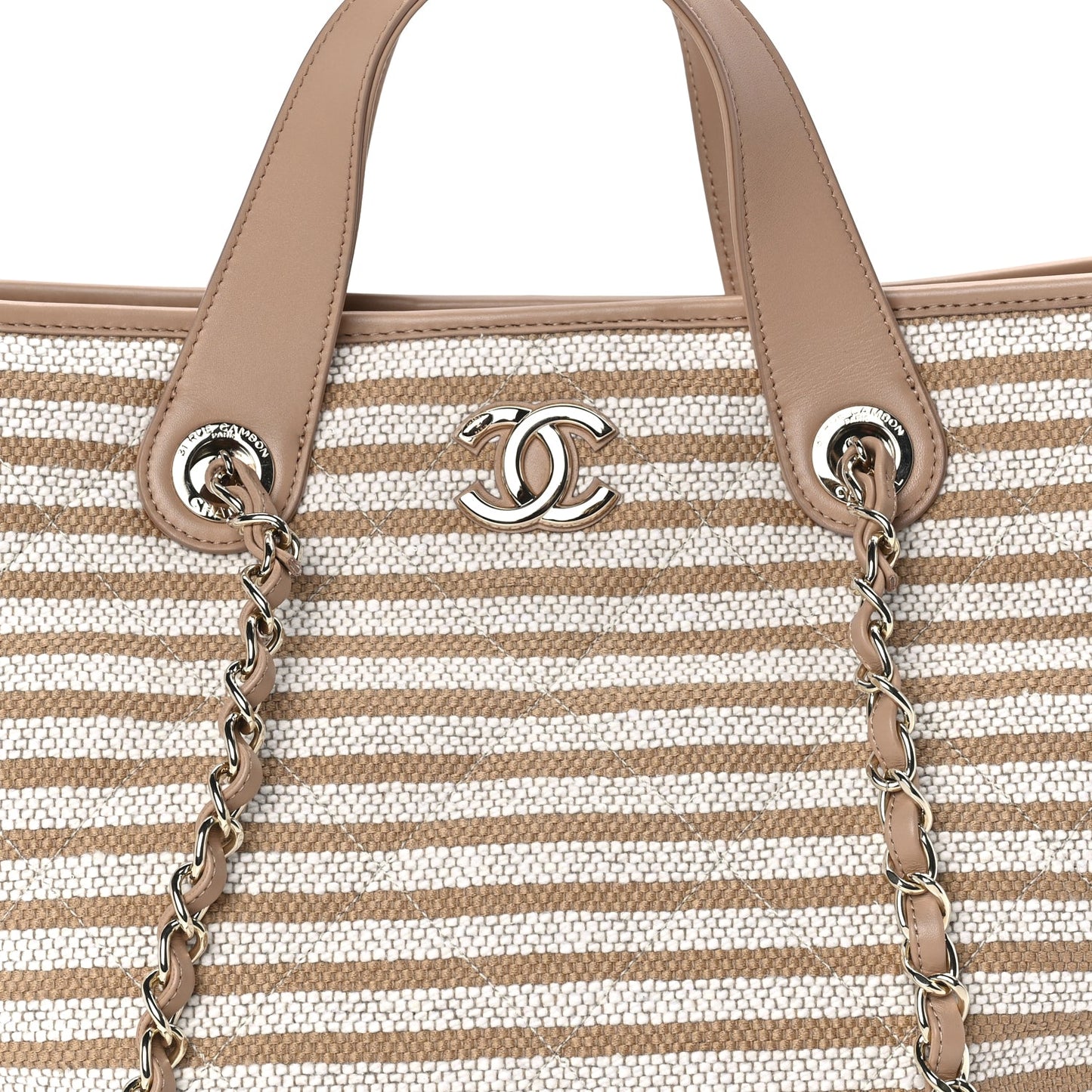 Chanel Printed Fabric Striped CC Tote Light Beige
