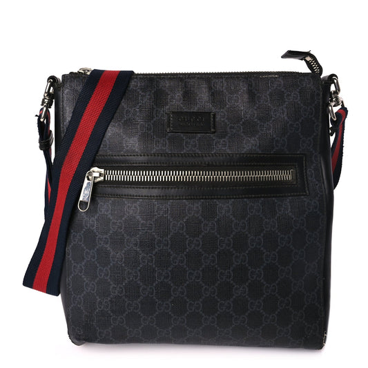 Gucci GG Supreme Monogram Appia Calfskin Web Flat Messenger Bag Black Grey