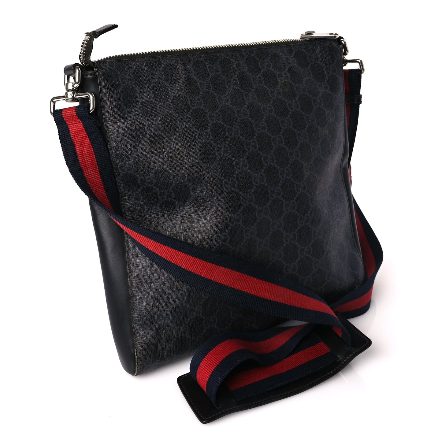Gucci GG Supreme Monogram Appia Calfskin Web Flat Messenger Bag Black Grey