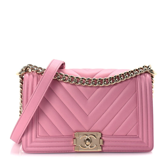Chanel Lambskin Chevron Quilted Medium Boy Flap  Pink