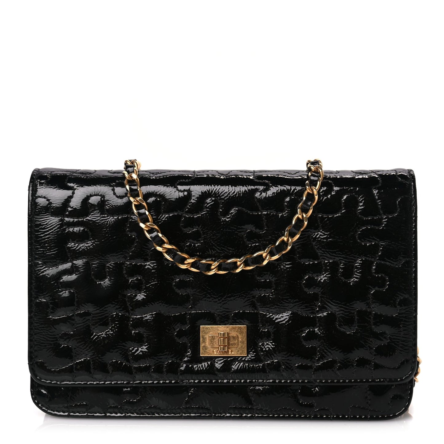 Chanel Crackled Patent Calfskin Puzzle Reissue Wallet On Chain WOC Black