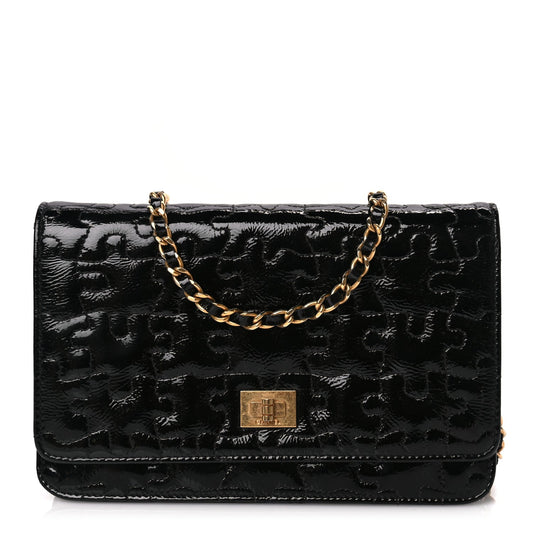 Chanel Crackled Patent Calfskin Puzzle Reissue Wallet On Chain WOC Black